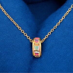 Elegant Gold Necklace Ring Pendant With Dazzling Iridescent Pave Crystals. NWT